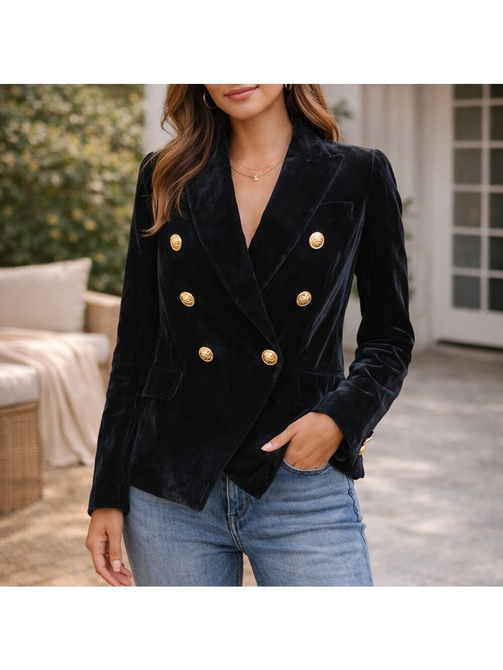 Rachel Zoe SZ XS Black Velvet Military Style Lined Blazer Gold Buttons